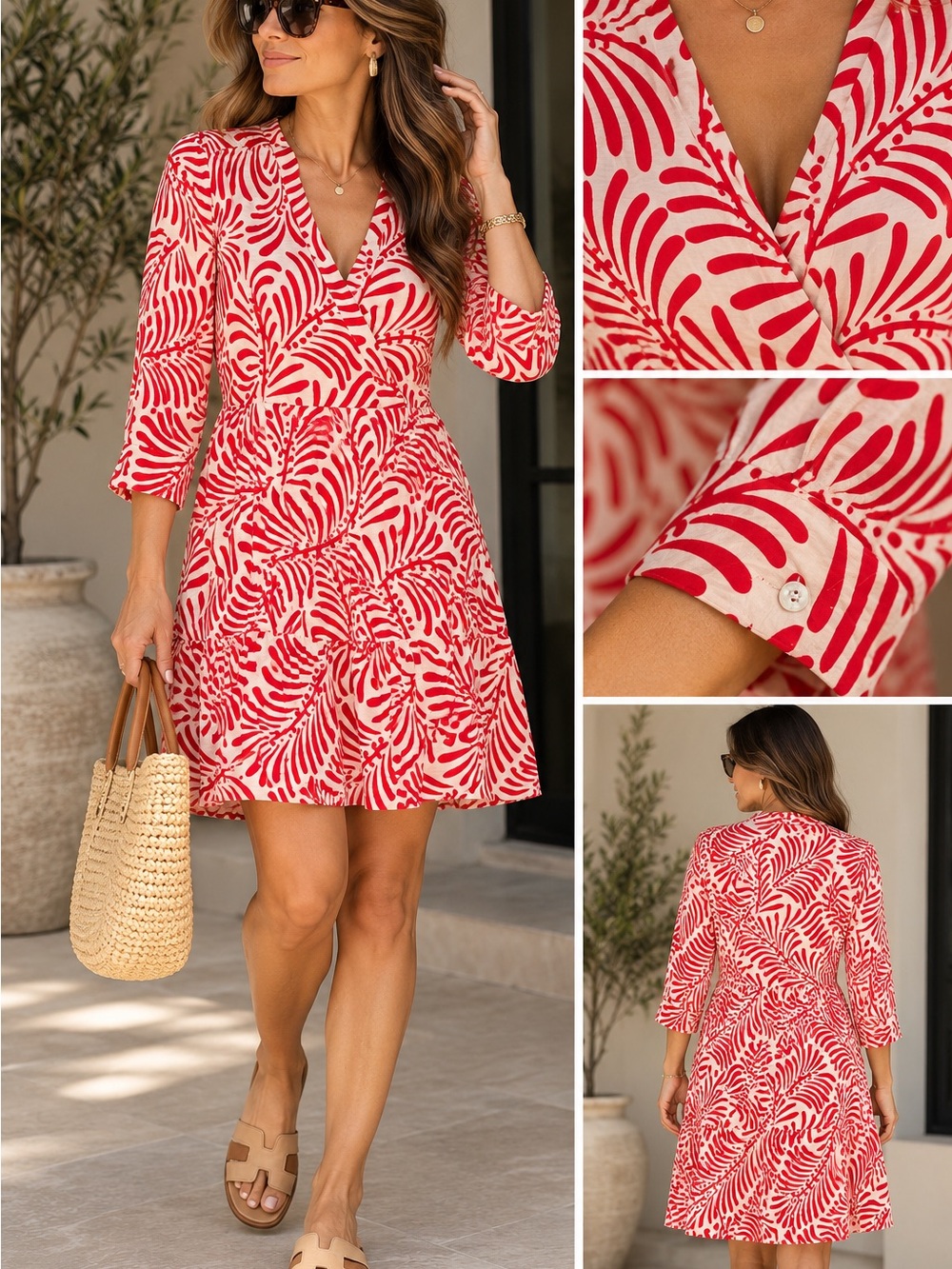 Tahari Red White Leaf Print Faux Wrap Dress XL